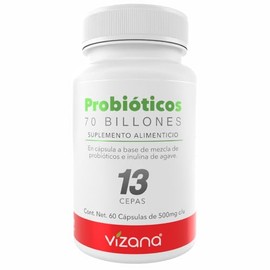 VIZANA NUTRITION  Probióticos 70 billones, 13 Cepas HPMC Vegetarianas (60 Caps-500 mg)                                                                