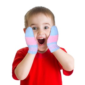 SATINIOR 3 Pairs Toddler Mittens Kids Winter Warm Gloves Baby Soft Stretch Mittens for Boys Girls Children(5-10 Years Size,Blue and White, Light Blue and Yellow, Light Blue and Pink)