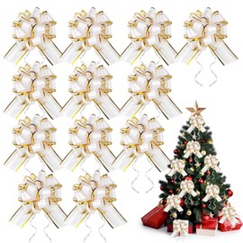 XIEJ 12 Pcs 6 Inch Pull Bows, Large Pull Bows with Gold Edge, Big Bow for Present, Wrapping Pull Bow Ribbon for Party Decorations, Present Wrapping, Wedding, White (White)