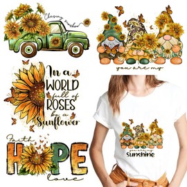 Sunflower Heat Transfer Vinyl Stickers - 4 Packs Summer Sunflower Butterfly Iron on Patches Dwarf Car Hope Letter Design Iron on Transfer Decals Appliques for Clothes T-Shirt Jeans Sew Decoration