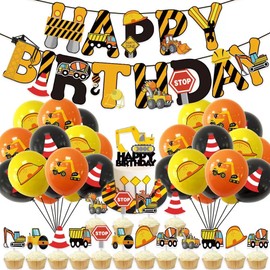 TantoyLeyuan 36 PCS Construction Birthday Party Supplies with 1Construction Birthday Banner 17 Cupcake Toppers and 18 Construction Balloons Dump Truck Party Decorations Favors for Boys