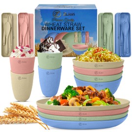 Premium Quality 28pcs Wheat Straw Dinnerware Sets of 4. Plates, Bowls, Cups & Cutlery w/Case. Microwave & Dishwasher Safe! Great Indoor & Outdoor Kitchen Set. Plates & Bowls Set for Kids & Elderly