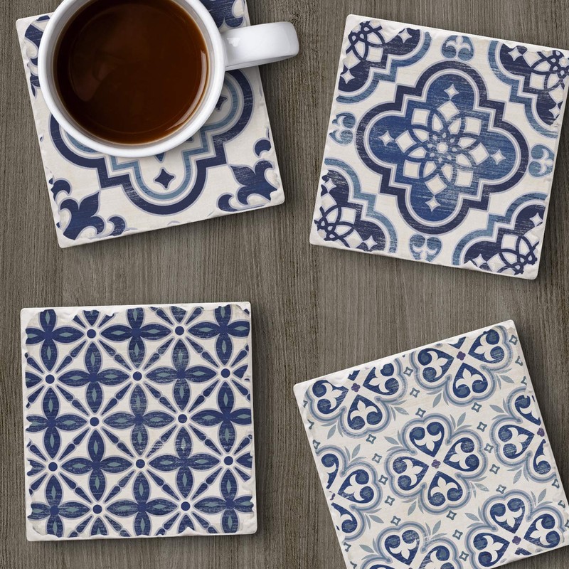 Thirstystone Blue & White Assorted Tumbled Tile Stone Coasters with