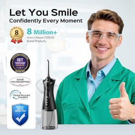 COSLUS Irrigador dental con hilo dental para dientes: 4 modos, inalámbrico, portátil, tanque de 300ML más grande, limpiador de dientes con agua, IPX7 