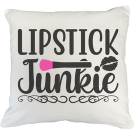 Lipstick Junkie w/Lip Design - Beauty Themed Merch for Makeup Artist or Cosmetologist, Gift for Makeup Lovers, Pillow Cover, White 18X18 in