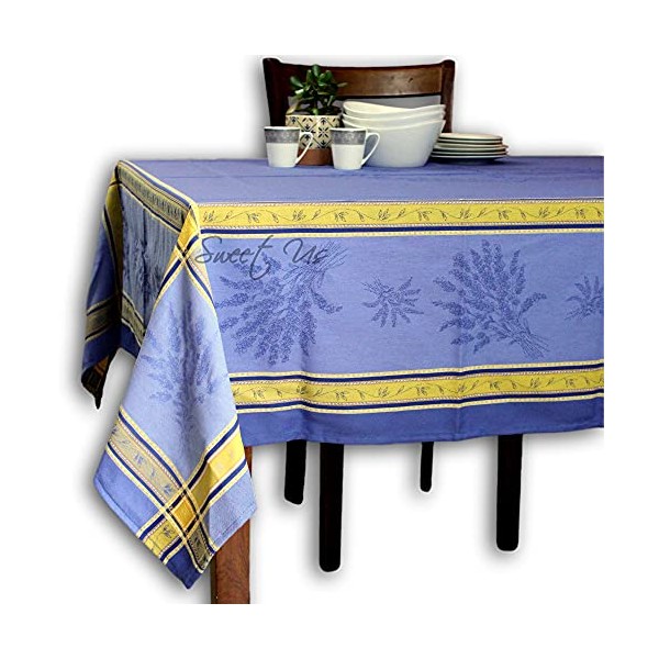 Wipeable Tablecloth Spill Resistant Teflon Coated Floral Cotton French Provencal Jacquard Tablecloth for Rectangle Tables 63x98 inches Bleu Fleur d'Olivier