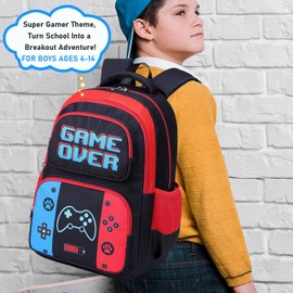 AUIVTY Kids Backpack Boys Gamer Backpack with Lunch Box Kindergarten Elementary Middle School Travel Sport Gaming Bookbag for Boys Girls Ages 4-14, Gamer Blue Red