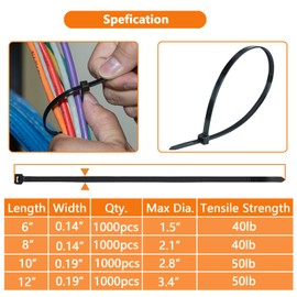 1000Pcs Black Zip Ties 6 Inch Bulk Small Cable Ties 6 In Heavy Duty Outdoor 40lbs, Mini Nylon Wire Ties 1000 Pack, Plastic Zip Tie Wraps, Zipties