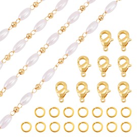 Elecrelive 3 Feet Oval Pearl Beaded Chain Brass Golden Faux Pearl Link Chain with Lobster Claw Clasps Jump Rings for DIY Bracelet Necklace