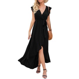 GRECERELLE Women's Summer Casual Cross V Neck Dress Bohemian Flowy Long Maxi Dress Black-XX-Large