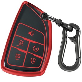 Kirsnda key fob cover case with Metal buckle Compatible with 2021 2022 Suburban Tahoe Remote Key Vehicle Accessories Soft TPU Key Shell/Skin,5-Buttons(red)