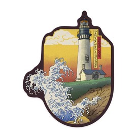 Lantern Press Sticker Oregon Coast, Yaquina Head Lighthouse, Woodblock Print, Die Cut Vinyl, (Waterproof Decal for Cars, Water Bottles, Laptops, Coolers), Small
