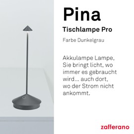 Zafferano, Pina Lamp, Kabellose wiederaufladbare Tischleuchte mit Touch Control, Auch als Außenleuchte verwendbar, Dimmer, 2200-3000 K, Höhe 29 cm, Farbe Dunkelgrau