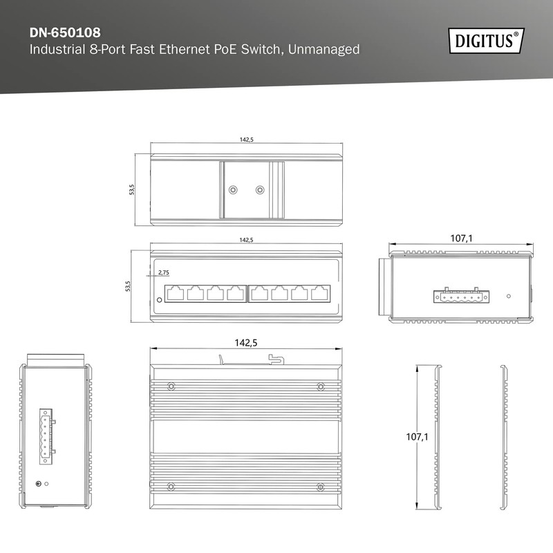 DIGITUS PoE Network Switch - 8-Port Fast Ethernet - DIN-Rail