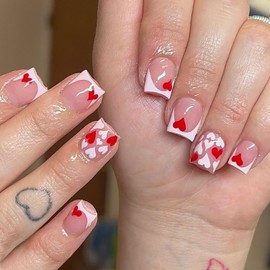 24 Pcs French Tip Press on Nails Short Square Valentines Fake Nails White Red Heart False Nails Glue on Nails French Valentine's Day Full Cover Artificial Nails for Women Girl Nail Design Decoration
