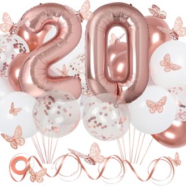 20th Birthday Decorations Girl with Butterfly Decor and Rose Gold Balloons, Rose Gold 20th Birthday Girl Party Decorations with 40 in Number Balloons