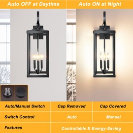 24" Extra Large Dusk to Dawn Outdoor Wall Light, Black 3-Light Waterproof Exterior Wall Mount Porch Lantern, Modern Outside Wall Sconce Coach Light with Clear Glass, E12, 1-Pack