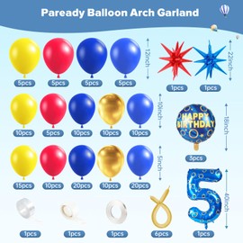155 Pcs Blue Gold Ring Birthday Party Decorations, Include Solid Color Balloons Arch, Round Happy Birthday Foil Balloons, Number 5 Balloons for Boys Girls Kids 5th Birthday Supplies (5th)