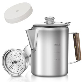 Coffee Percolator with 100pcs Coffee Filters - 9 Cups | Durable Stainless Steel Material Camping Coffee Pot| Brew Coffee On Fire, Grill or Stovetop | Ideal for Home, Camping