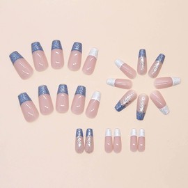 RUOKEXIN Medium Coffin Press on Nails French Tip Fake Nails Glitter False Nails with Silver Leaf Designs Full Cover Glue on Nails Spring Sparkly Artificial Nails Cute Stick on Nails for Women 24Pcs