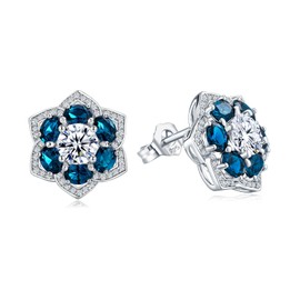 RANDES December Birthstone Earrings 925 Sterling Silver Blue Flower Earring Studs for Women Six Leaf Clover London Blue Topaz Earrings