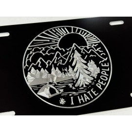 Diamond Etched Products I Hate People Camping Car Tag Diamond Etched Engraved Metal Black License Plate