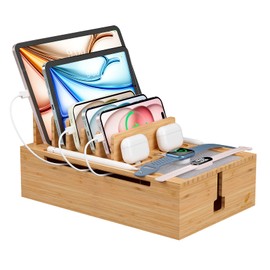 Pezin & Hulin Bamboo Charging Station, Electronic Devices Organizer for Multiple Devices Charger Such As Cell Phone, Tablet, Watch and More, Natural, (No USB Charger and Cables)