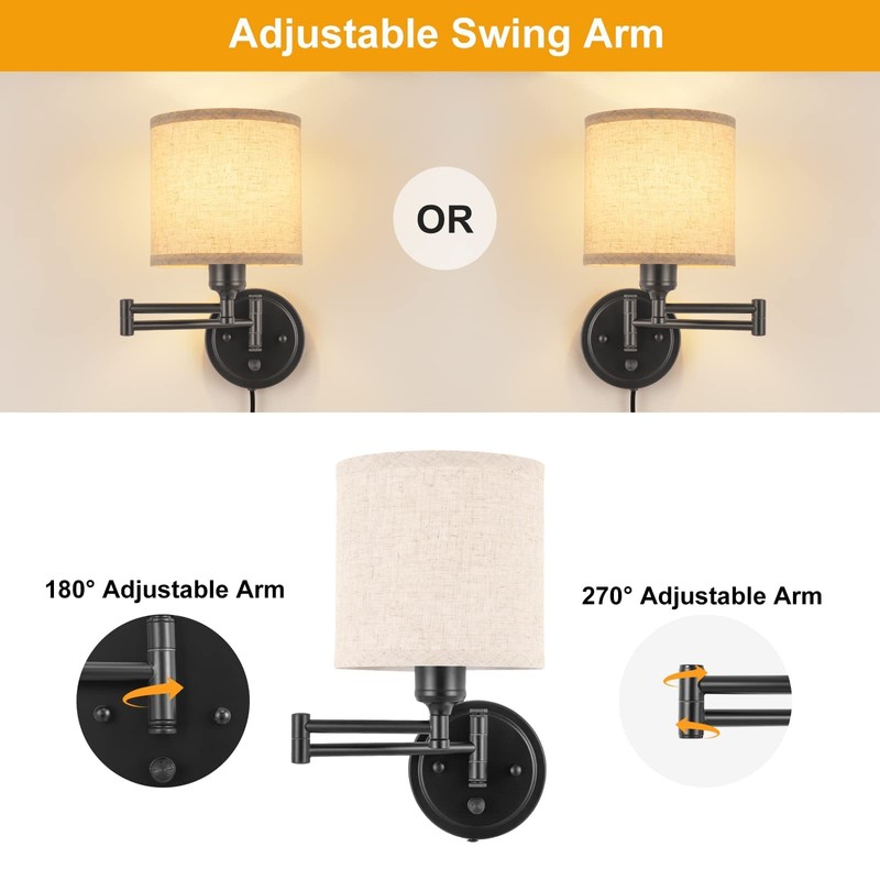 GOODATE ENCOMLI Dimmable Plug in Wall Sconces, Swing Arm Wall