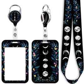 Juanooo Moon & Flowers Lanyard with Card Holder Retractable Reel Clip Cute Key Lanyard for Women Girls Staff Nurses for ID Badge Cool Teachers Students School Keychain for ID Holder