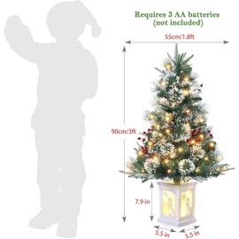 GarveeHome 3 Ft Pre-Lit Holiday Tree with 78 LED Lights, Artificial Tree with Snowflakes and Red Berries, Festive Tree with Snowman Base