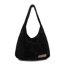 Ulisty Women's Corduroy Wide Strap Hobo Bag School Bag Shopper Handbag Casual Clutch Bag, black, Contemporary