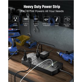 Power Strip,SUPERDANNY 5000 Joules Surge Protector with 13 AC Outlets 2 USB-A & 2 USB-C PD 20W Fast Charging Heavy Duty 14AWG/3C Industrial Grade 15ft Extension Cord for Workbench Home Office Black