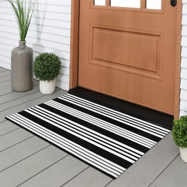 Tiveney Fall Front Door Mat Outdoor, 24" x 35" Layered Door Mat Washable Front Door Rug Cotton Woven Entryway Rug, Black and White Striped Doormat for Farmhouse Halloween Decorations
