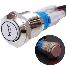 Twidec/16MM Raised Speaker Horn Momentary Push Button Switch 5/8" Mounting Hole 12V Red Led Light Silver Stainless Steel Shell 1NO 1NC SPDT with Pre-Wiring Wires Switch for Car Modification G16LB-R