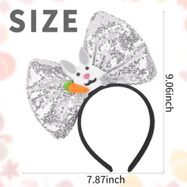 Easter Headband, Sparkly Sequin Silvery Bow Headbands Glitter Bunny Ears Hair Bands Rabbit Animal Hair Hoop for Girls Kids Easter Cosplay Party Headwear Festival Costume Hair Accessories Gift 1PCS