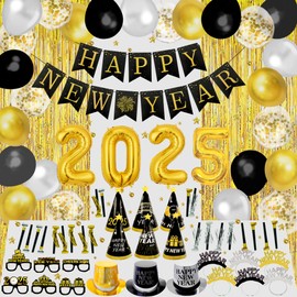 Amandir 71Pcs New Years Eve Party Supplies 2025, Happy New Years Party Decorations Kit Top Hats Cone Hats Headband Glasses Banner Balloons Fringe Curtain Squawkers for Black and Gold 2025 Party Favors