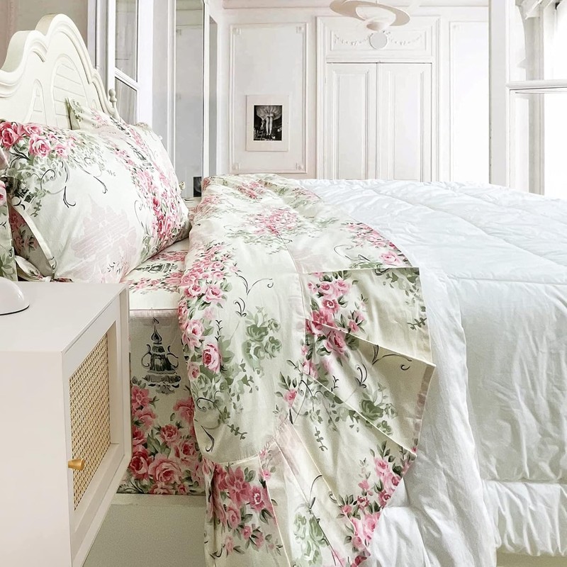ABREEZE Sheets Set Queen Floral Sheets 100% Cotton Elegant Farmhouse
