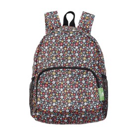 ECO CHIC Lightweight Foldable Water Resistant Mini Backpack Folds Into Pouch for Storage (Ditsy Black)