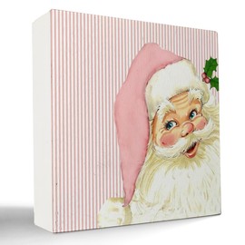 kunlisa Pink Retro Santa Christmas Wooden Box Signs,Pink Christmas Sign,Santa Clause Christmas Decorations,Pink Christmas Decorations,Christmas Signs,Christmas Signs for Home Decor 5x5 Inch