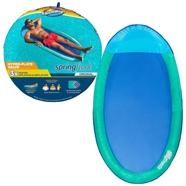 SwimWays Spring Float Original Pool Lounge Chair, Inflatable Pool Floats Adult with Fast Inflation & Head Rest for Ages 15 & Up, Aqua