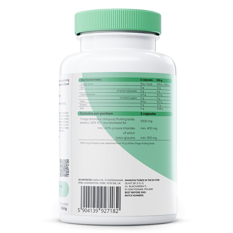 OSAVI Chaga Mushroom Extract Capsules, 1000mg, 60 Vegan Caps, Standardised