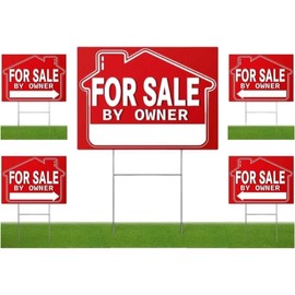 5 Pack 12x16 For Sale By Owner Yard Plastic Sign - Yard Double Sided Signs with Metal H Stakes - Sign for Real Estate Agent Realtor Supplies Real Estate Signs - House For Sale for Home Owners