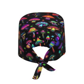 Hippie Psychedelia Mushroom Working Cap with Sweatband Unisex Breathable Scrub Cap Adjustable Elastic Bandage Tie Back Hats