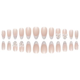 Almond French Medium Bow Tie Pearl Fake Nails - Full Cover Acrylic Artificial White Coffin Almond Nails - DIY Stick On Set Glue on Nails for Women