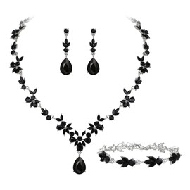 Clearine Wedding Jewellery Set for Women Bride Bridal Bridesmaid, Crystal Teardrop Marquise Cluster Y-Necklace Tennis Bracelet Dangle Earrings Black Silver-Tone