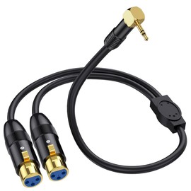 HTGuoji XLR to 3.5mm Y Splitter Cable, Right Angle 90Deg 3.5mm Mini Jack Stereo Male to 2 XLR Female Microphone Connector, 1/8 inch TRS to Dual XLR Female Cord for Laptop, Camera, Sound, DV (50 cm)