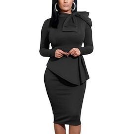 Women's Fashion Peplum Bodycon Long Sleeve Work Dresses Bow Club Ruffle Pencil Formal Cocktail Dress