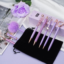 WEMATE 8Pcs Ballpoint Pens Set Purple Pens Set Purple Ballpoint Pen Bling in Black & Blue Metal Crystal Diamond Pen for Journaling Glitter Fancy Pens Gifts for Women Wedding Office