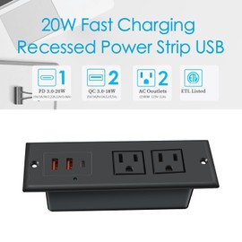 Furniture Recessed Power Strip with 20W Fast Charging, 2 AC Outlets + 3 USB Ports (USB-C 20W/USB-A 18W), Space-Saving Electrical Outlet for Desk, Bedside Table, Conference Table & Kitchen Countertop.