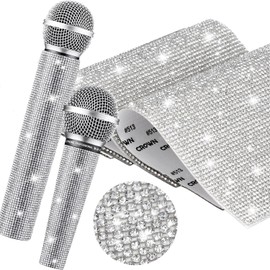 BJAINGEXK 2 Rhinestone Microphone Handle Cover Stickers, Shiny Rhinestone Microphone Handle Protector, Dazzling and not Easy to Fall Off, for Microphone Decoration (Silver)